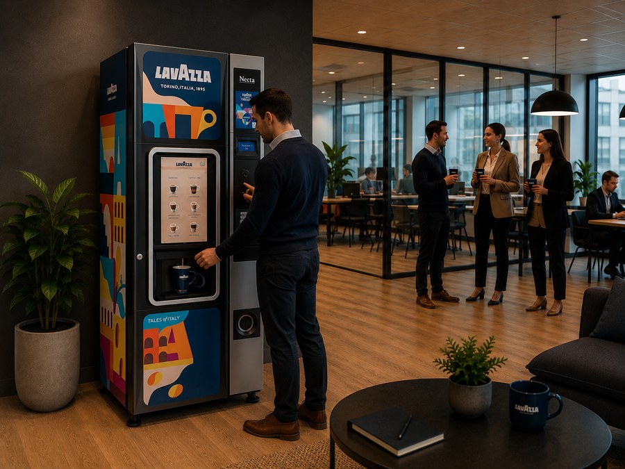 Distributeur automatique de café Lavazza Necta utilisé par un collaborateur en espace de pause D.A.T.