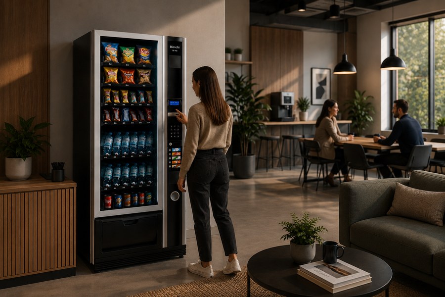 Distributeur automatique de snacking Bianchi avec friandises et boissons, utilisé en espace de pause D.A.T.