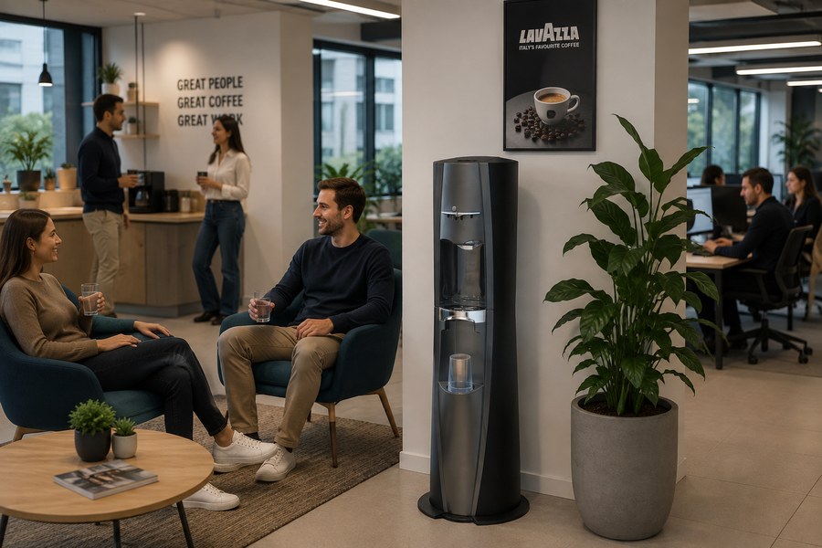 Fontaine à eau D.A.T. sur pied en espace de pause en entreprise, avec collègues installés autour d'une table basse.