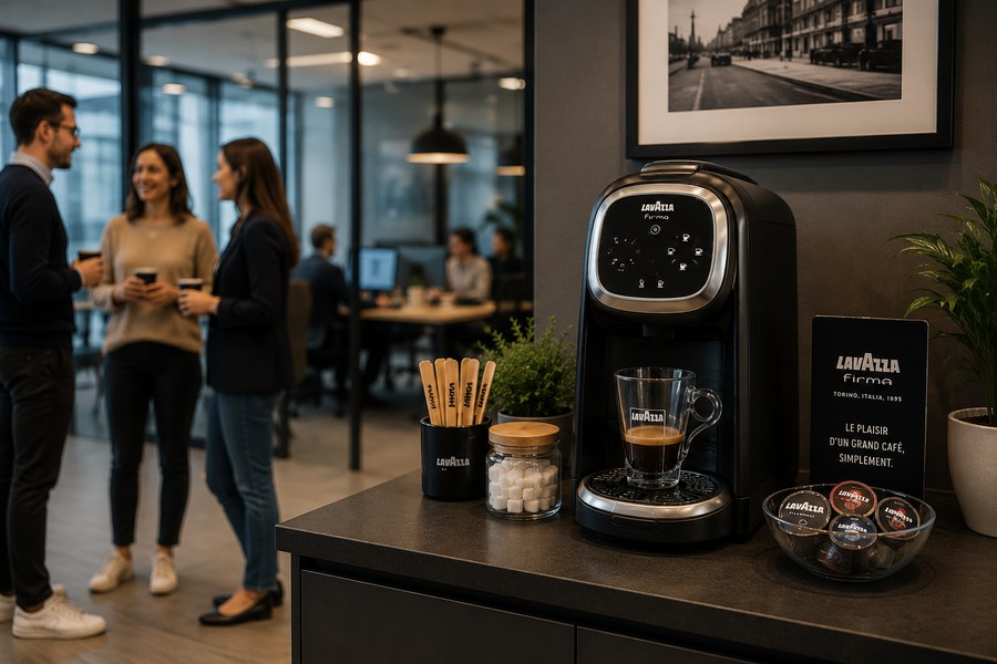 Machine à capsules Lavazza FIRMA installée dans un espace de pause en entreprise, avec dosettes et accessoires D.A.T.