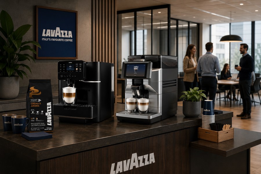 Machines OCS Lavazza installées dans un espace de pause en entreprise, avec grains torréfiés et zone d'accueil D.A.T.